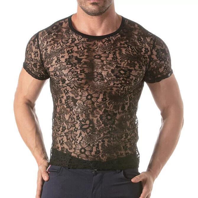 TOF PARIS Floral Lace T-Shirt Round Neck Semi-Sheer Black 35 gallery