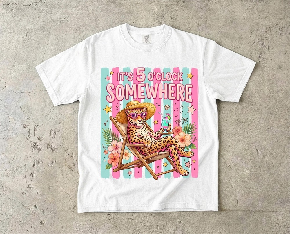 Retro Summer Leopard Graphic Shirt It’s 5 o’clock Somewhere Tropical Shirt