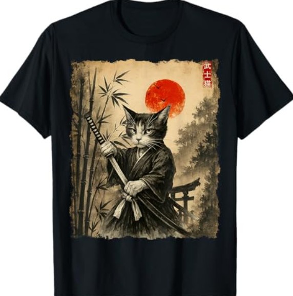Samurai Cat Japanese Art Funny Graphic Tee Anime T-Shirt gallery