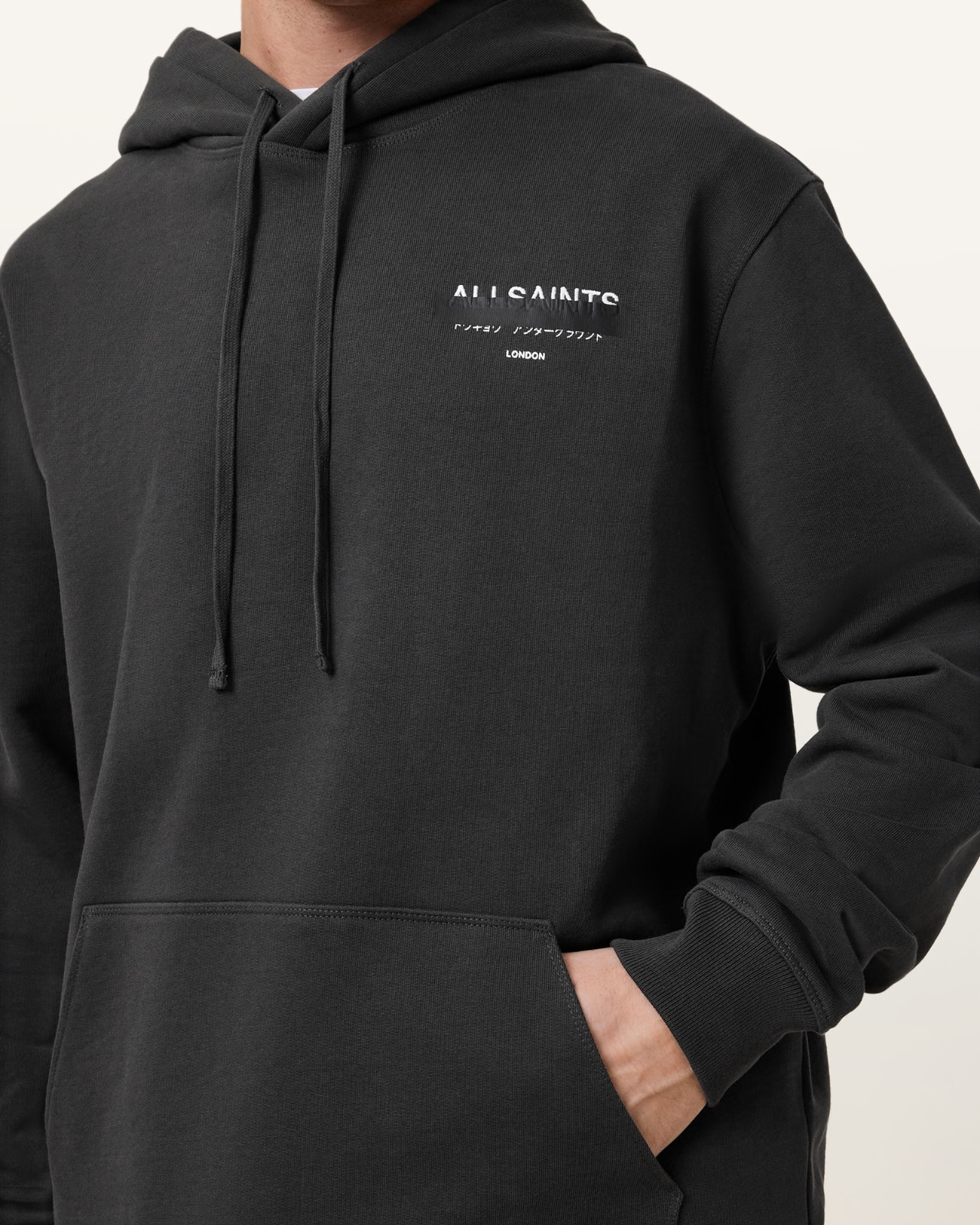 All Saints Mens Redact Washed Black Hoodie Relaxed Fit Embroidered Sweatshirt gallery