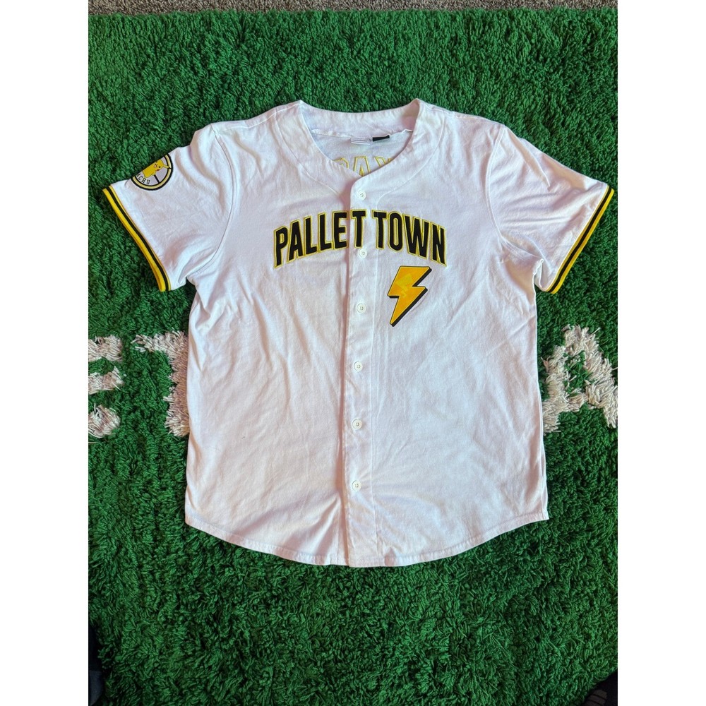 Pokemon Pikachu Pallet Town Baseball Jersey White Yellow XL 025 Button Up Shirt