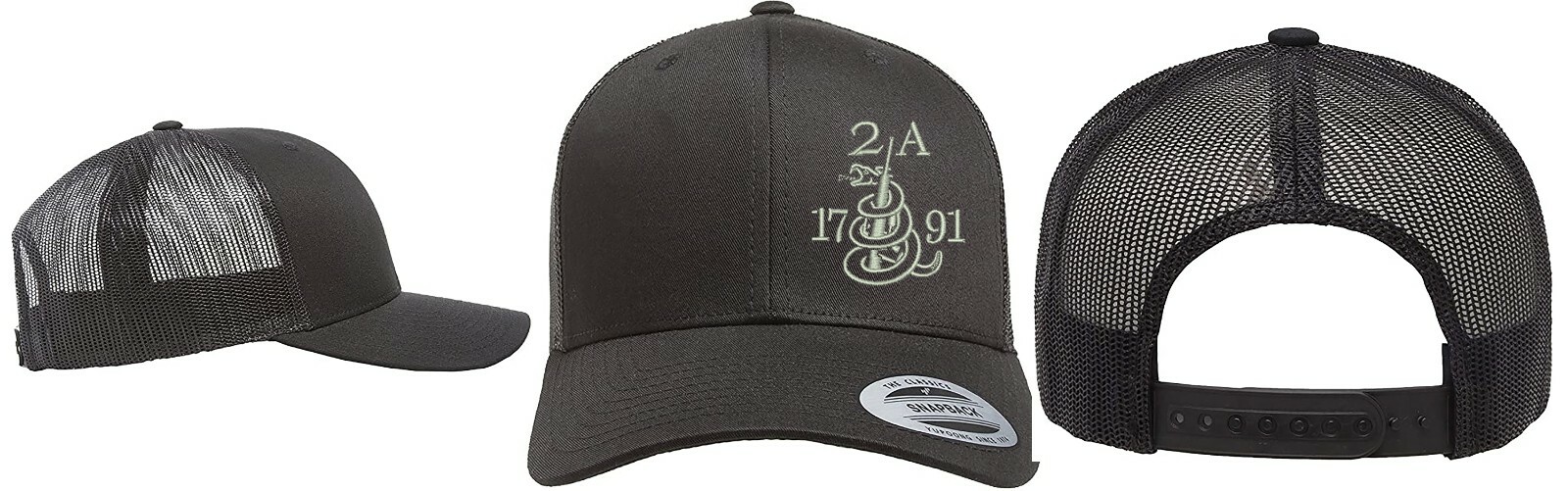 Yupoong Snapback Trucker Embroidered Hat Side Gun Snake 2A 2nd Amendment.