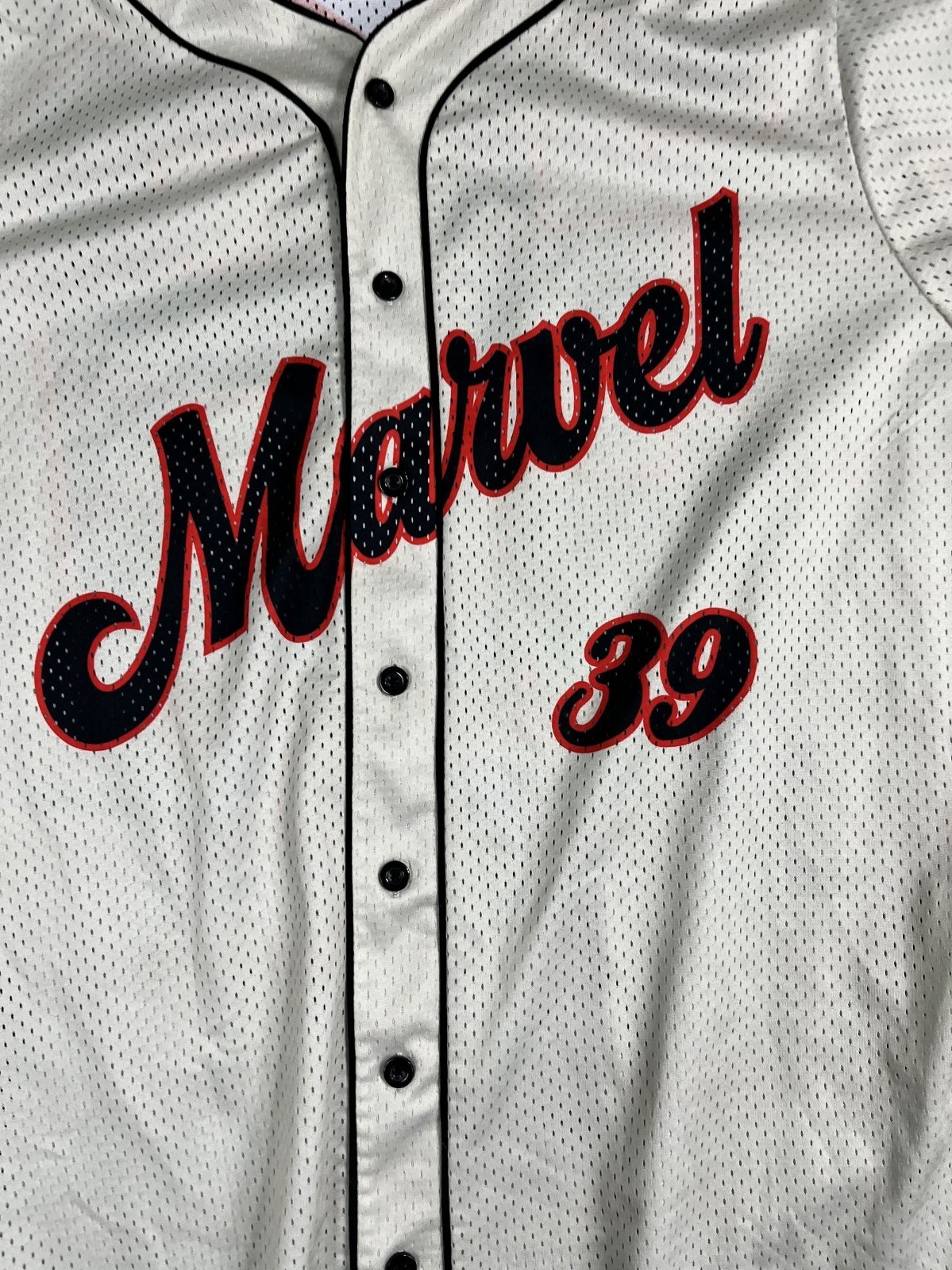 Marvel 3X Baseball Jersey Button-Up Avengers Graphic Back Beige & Red gallery