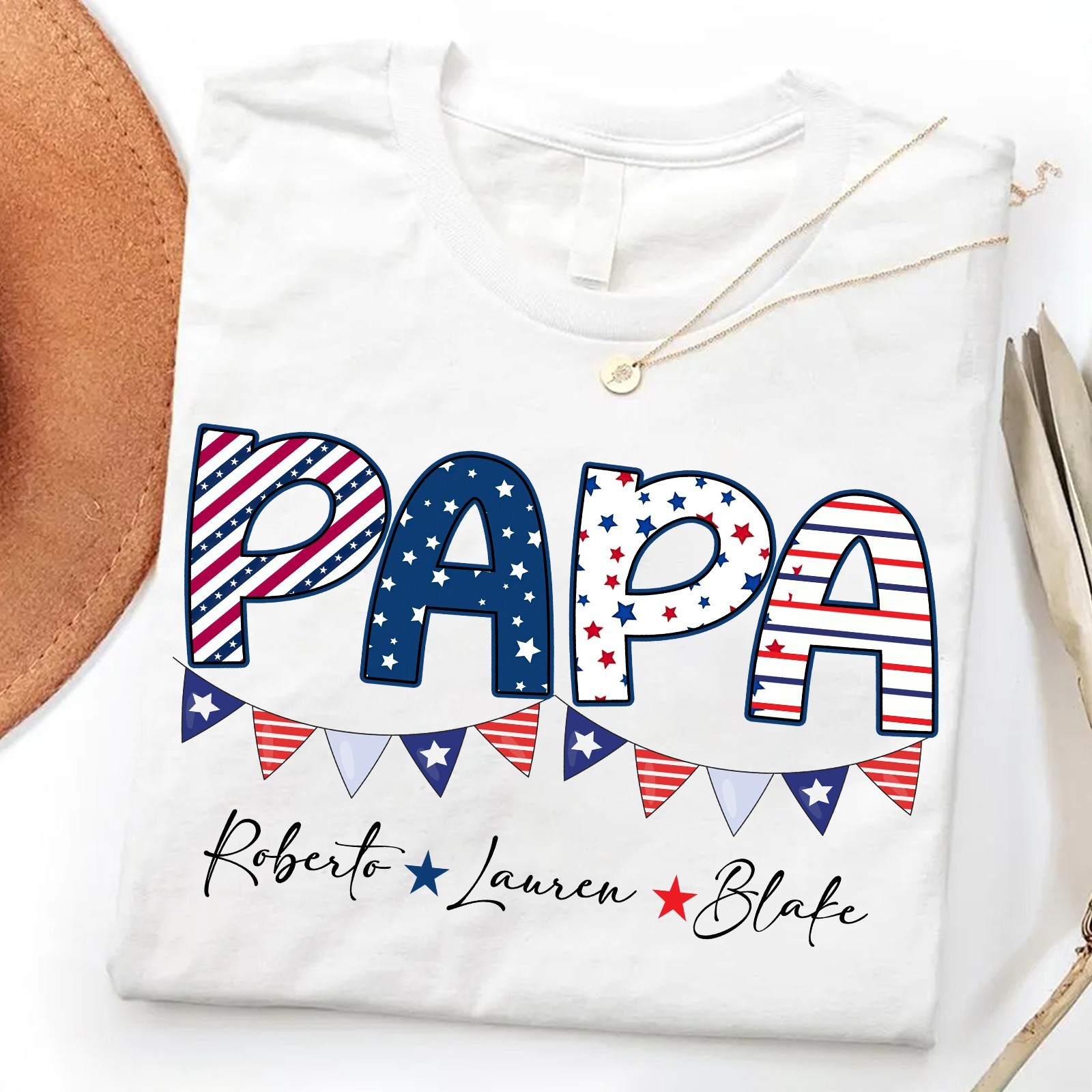 Personalized Papa Shirt Kids Names Patriotic Father’s Day Gift 4th of July Tee