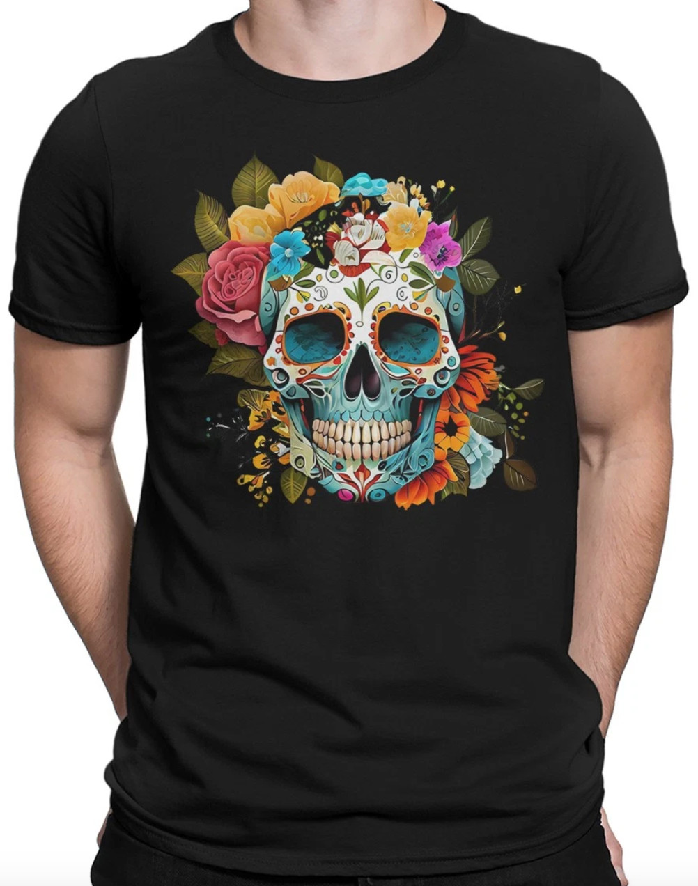 Vibrant Sugar Skull Floral T-Shirt Mexican Day of the Dead Celebration Gildan gallery