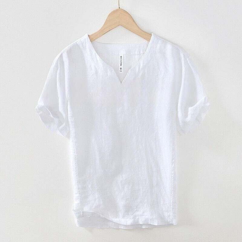 Men 100% Linen V Neck T-shirt Retro Summer Short Sleeves Tops Casual Undershirt gallery
