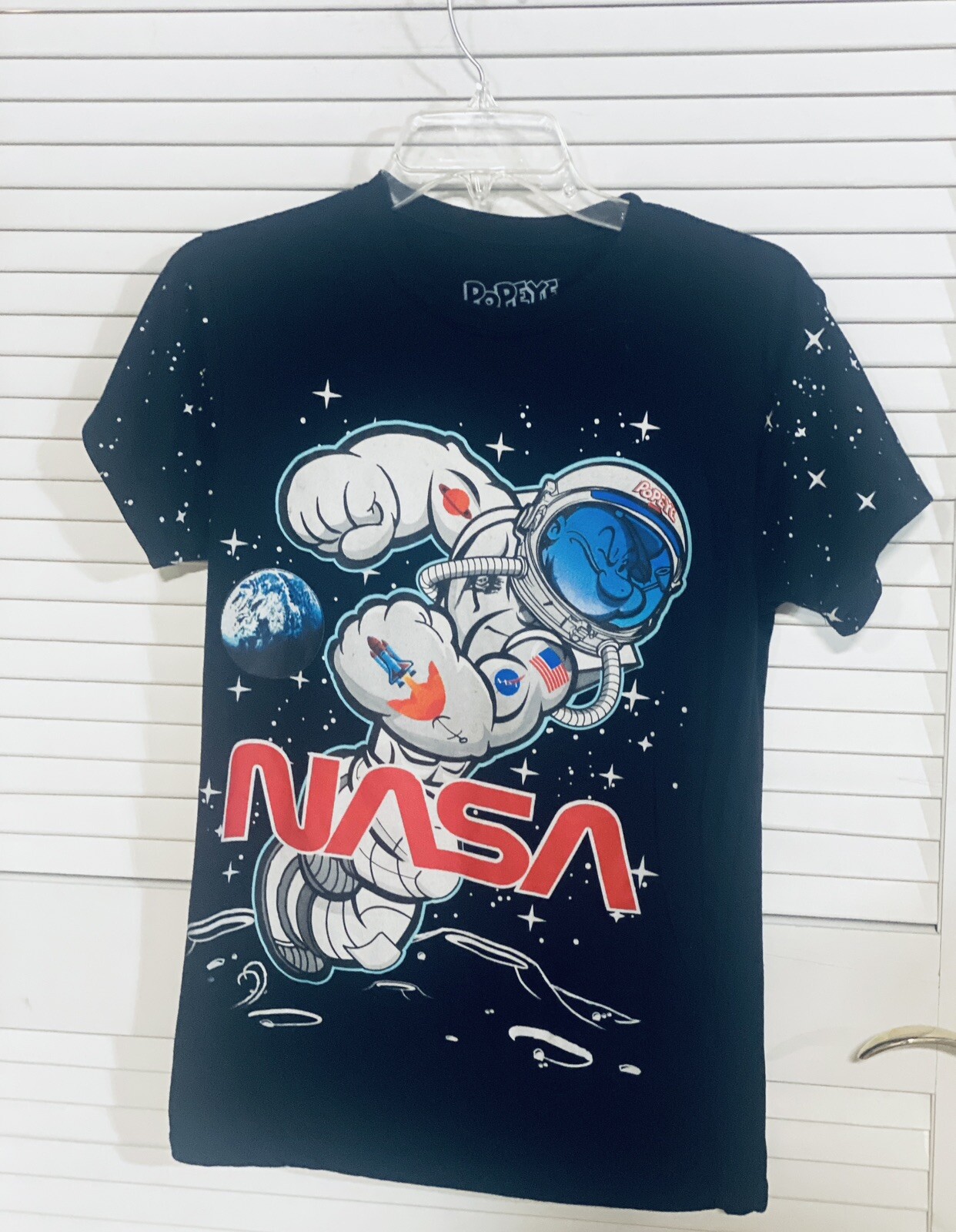 Popeye NASA T Shirt Adult Black Size Small Men Cotton Poly EUC