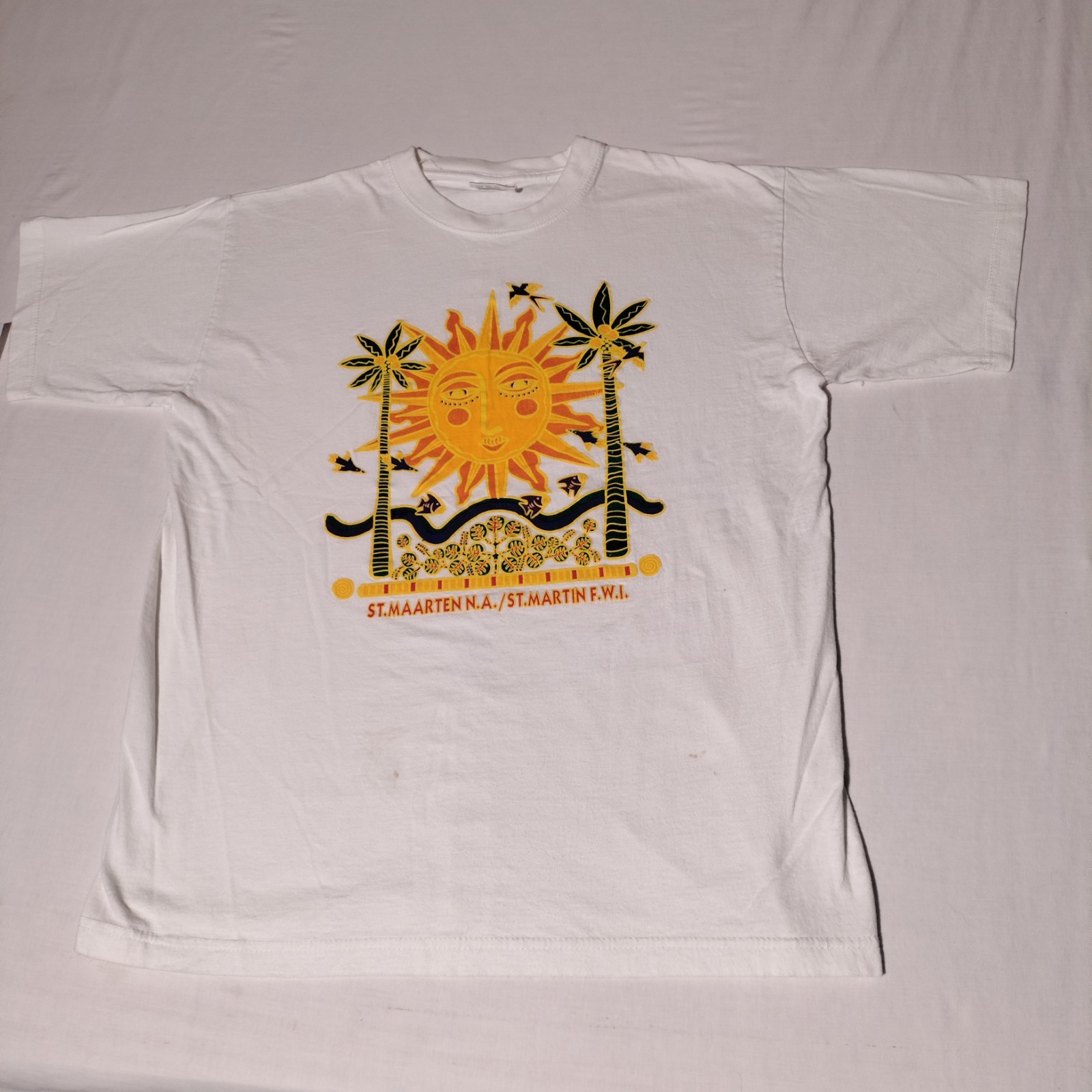 St. Maarten N.A F.W.I. Sun Palm Tree Caribbeant's Cotton T-Shirt Sz XL - Stains gallery