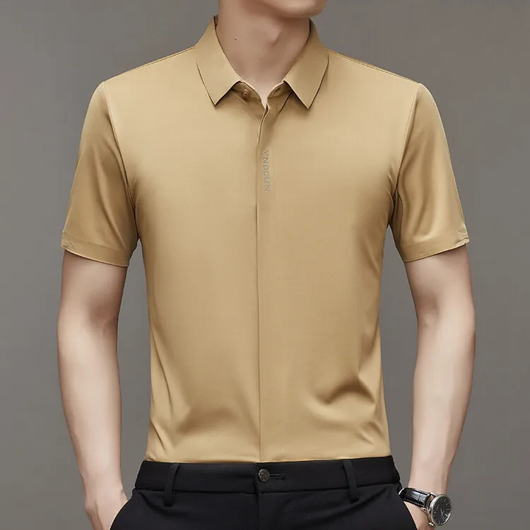 Cooling Ice Silk Men's Casual Shirt Thin Short Sleeve Business Casual Pure Color gallery