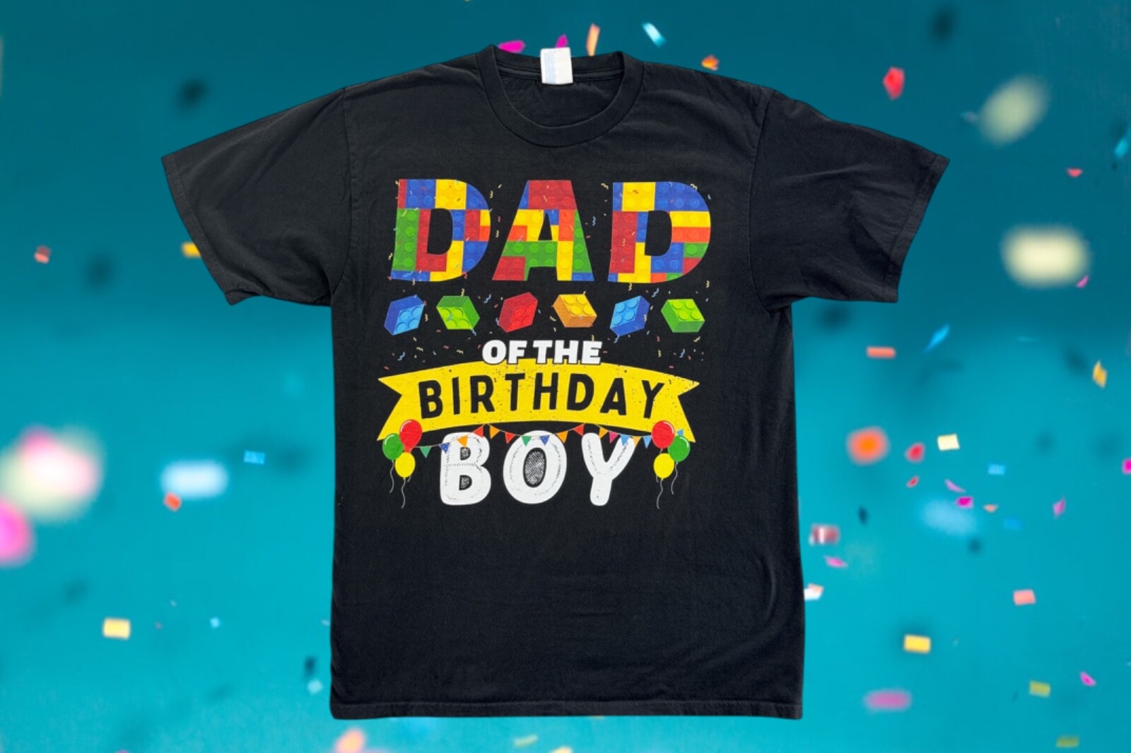 Port & Company Men’s Dad Of The Birthday Boy Toy Block Shirt Size Medium Black