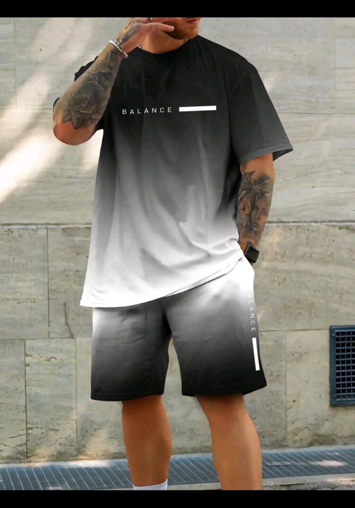 Men’s Casual 2pcs Set, “BALANCE” Gradient 3D Print, Crew Neck T-shirt & Short