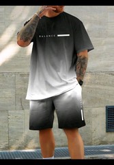 Men’s Casual 2pcs Set, “BALANCE” Gradient 3D Print, Crew Neck T-shirt & Short