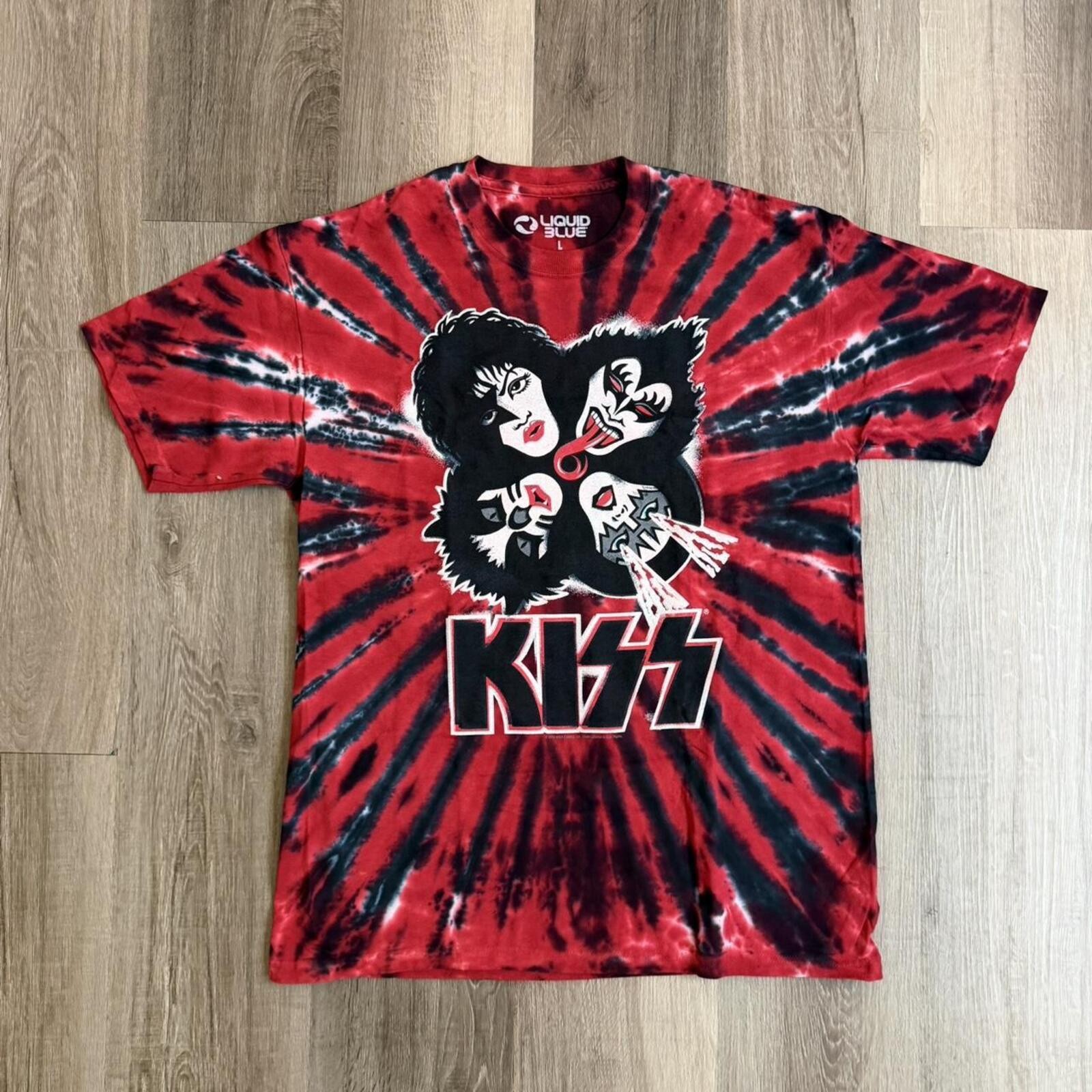 Liquid Blue Kiss band tee with red and black tie-dye KISS size L #bandtee #rock gallery