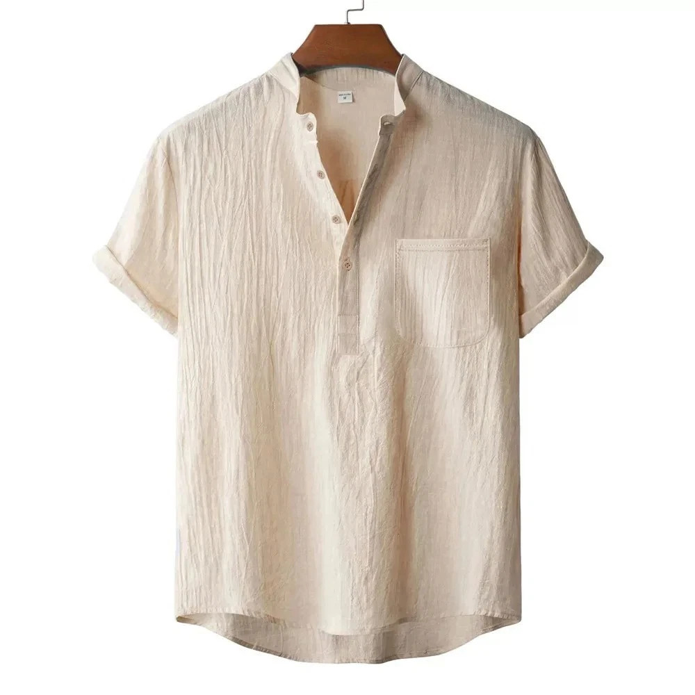 Men's Cotton Linen Henley T-Shirt Short Sleeve Beach Hawaii Casual Shirt Style! gallery
