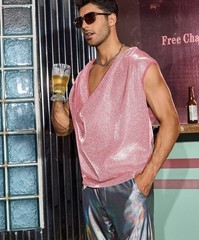 WDIRARA Men’s Glitter Draped Collar T Shirts Cowl Neck Sleeveless Tank Top Pink