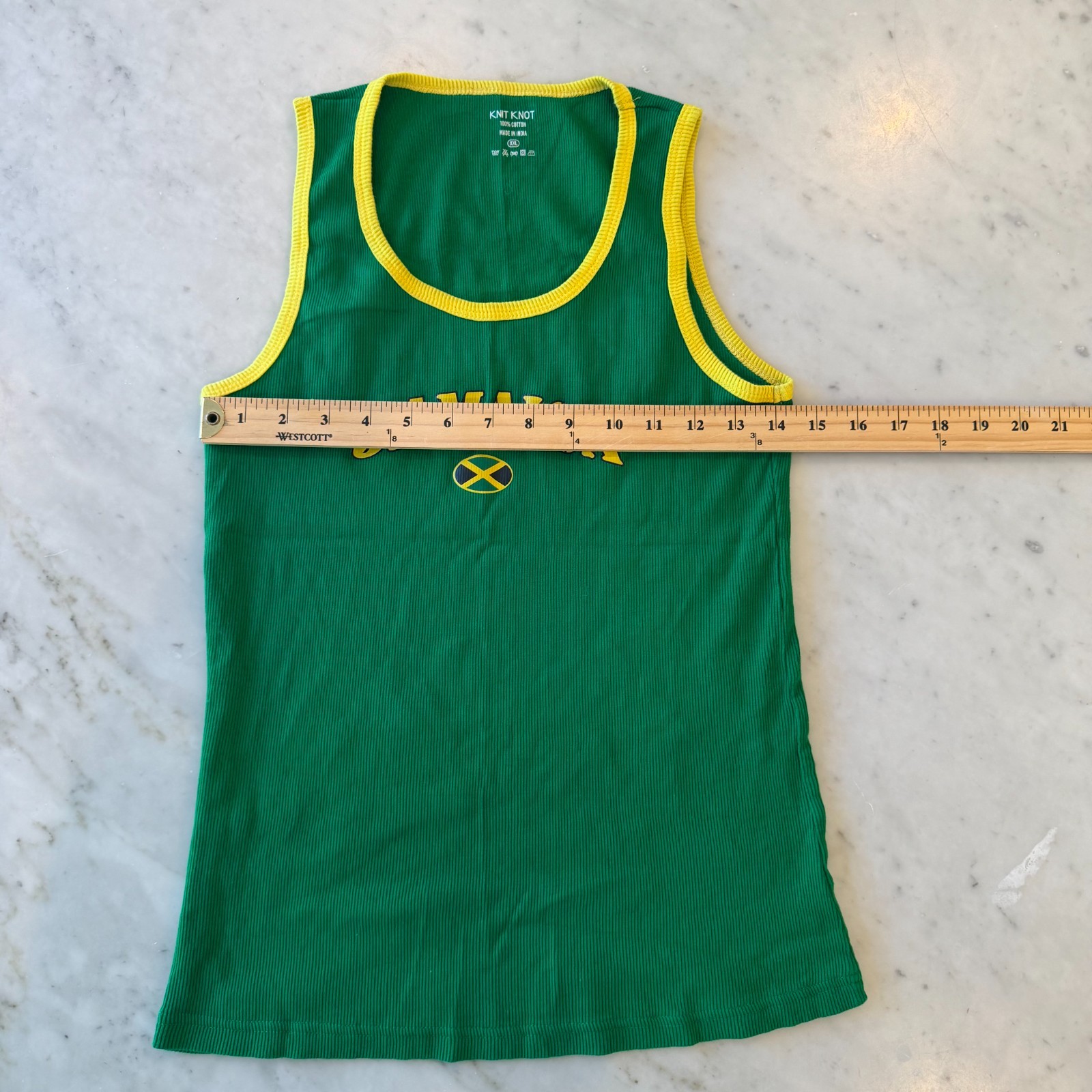 Knit Knot Jamaica Ribbed Tank Top Green Yellow Trim Flag Graphic Size XXL gallery