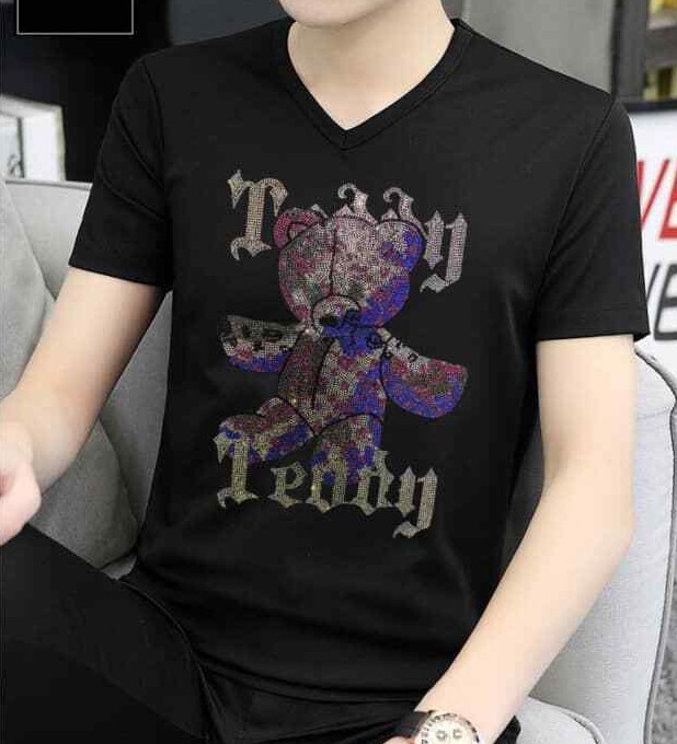 New Men Fashion V-Neck Diamond Rhinestones Bear Luxury Black T-Shirt gallery