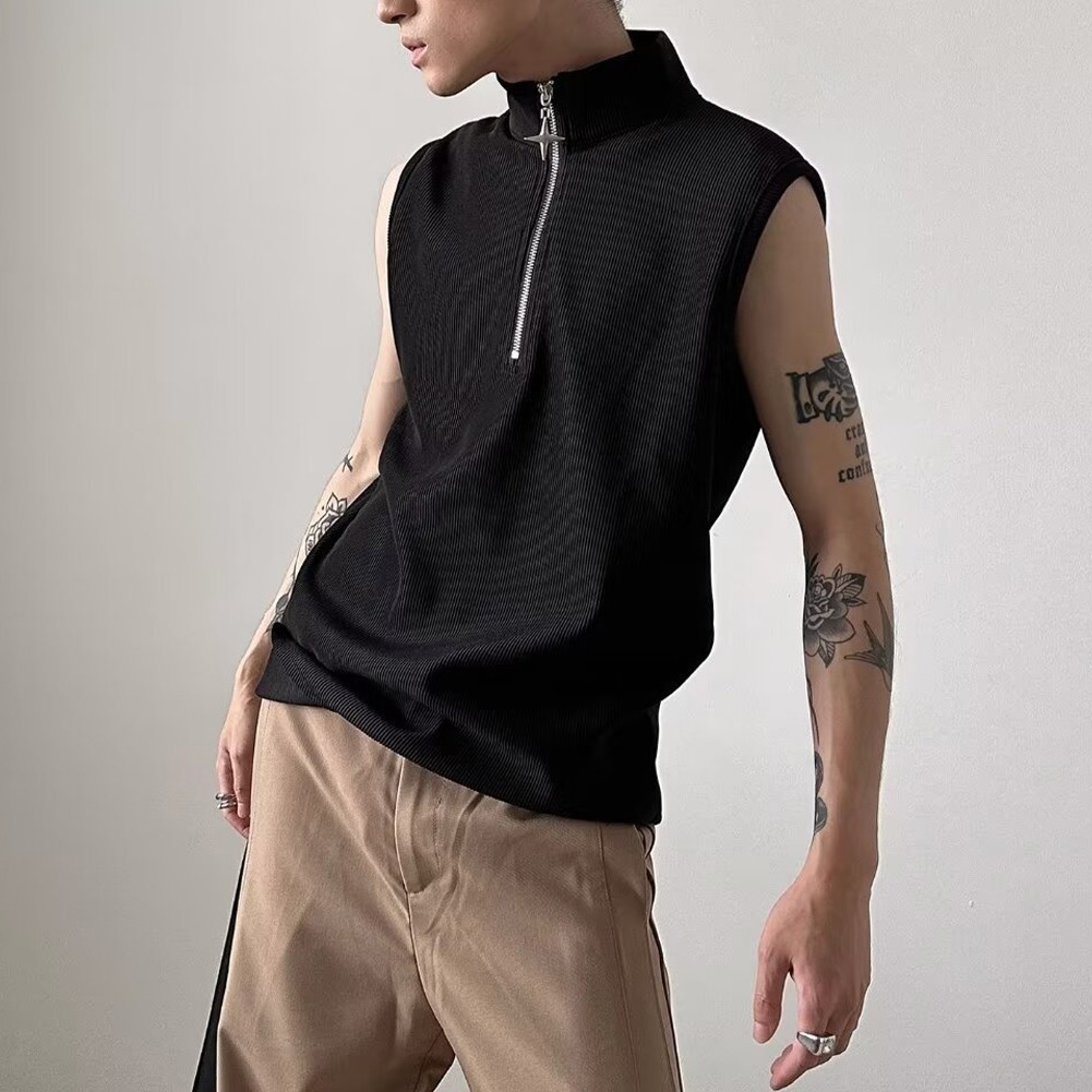 Retro Punk Zipper Tank Top for Men Stylish Sleeveless Vest with Stand Collar gallery
