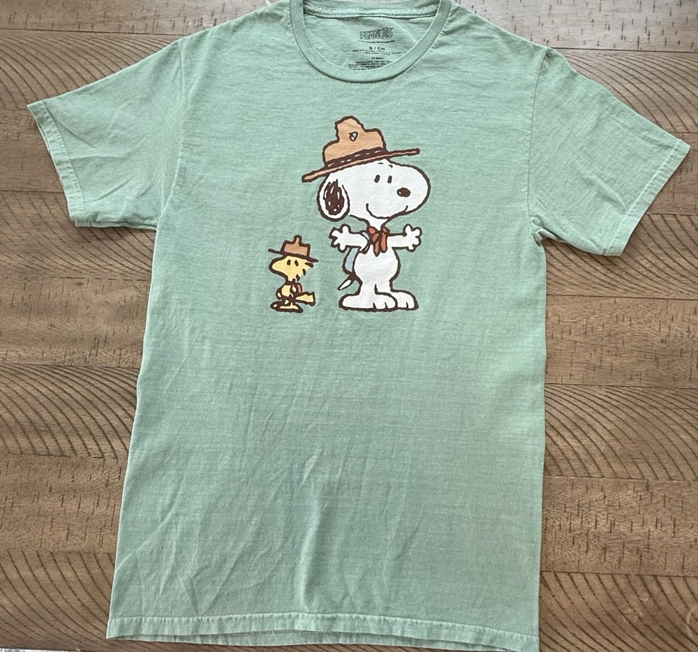 Peanuts Snoopy & Woodstock Graphic Print Green Cotton Jersey Crew Neck Tee S