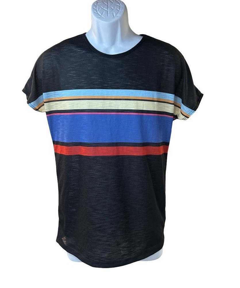 Rufskin Men’s Semi Sheer Tee Black Multicolor Stripe Lightweight Size Small