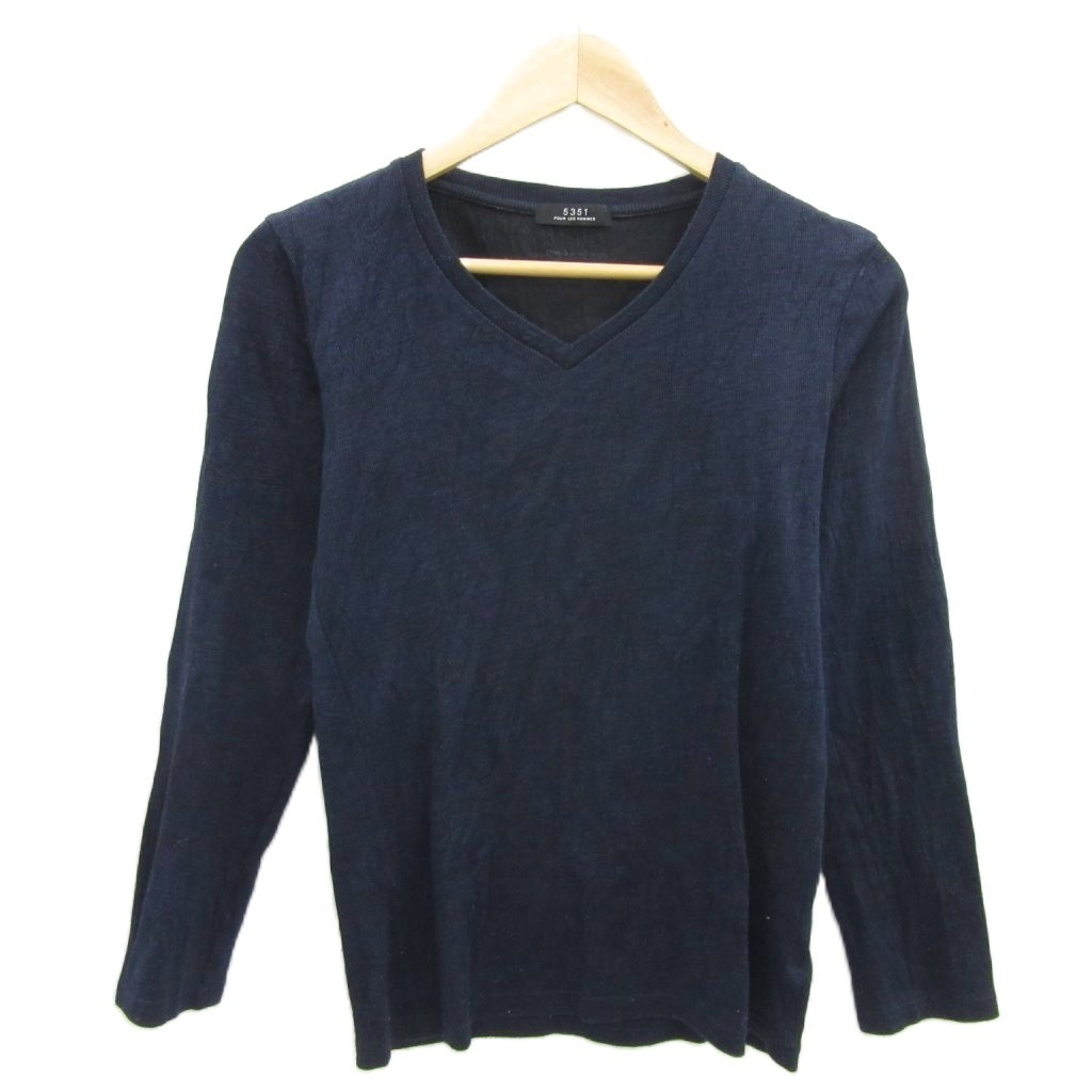 5351 Pour les Hommes Navy Wool Blend V-Neck T-shirt Cut & Sew Plain Used