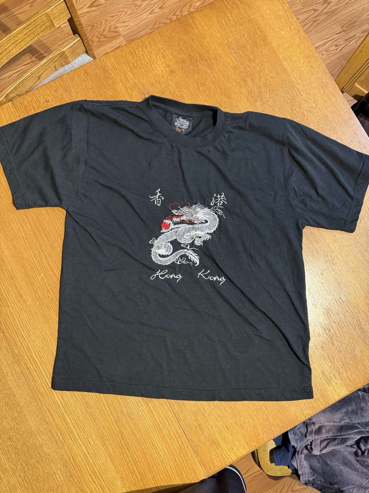 Hong Kong Dragon Embroidered T Shirt Mens L Black Chinese Souvenir Graphic gallery