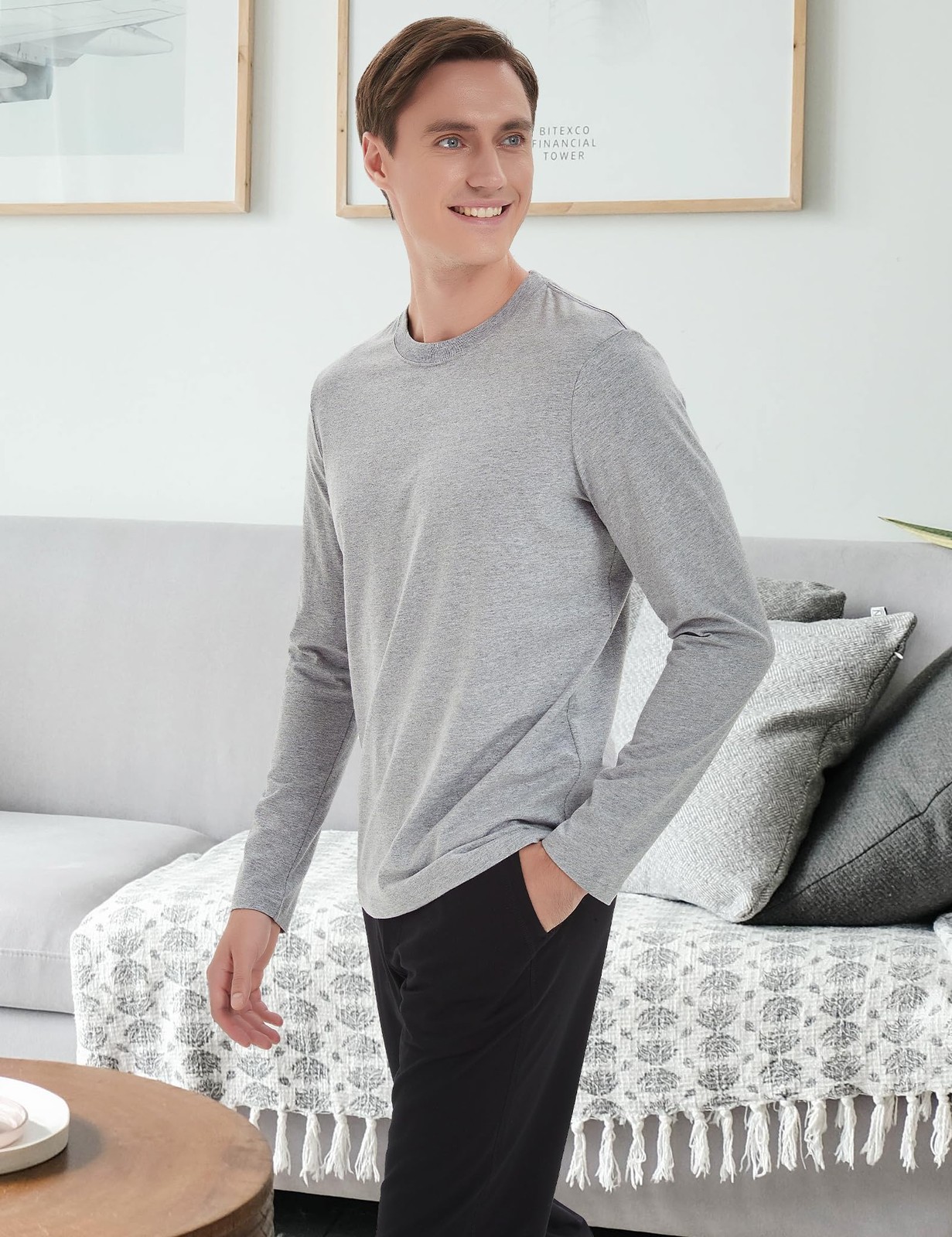 Men's 2 Pack Long Sleeve Soft Casual Cotton Crew Neck Shirts (Heather Grey, XXL) gallery