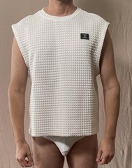 Men’s White Size L Quilted Textured Cut Off Crop Crewneck Sleeveless Muscle Tee