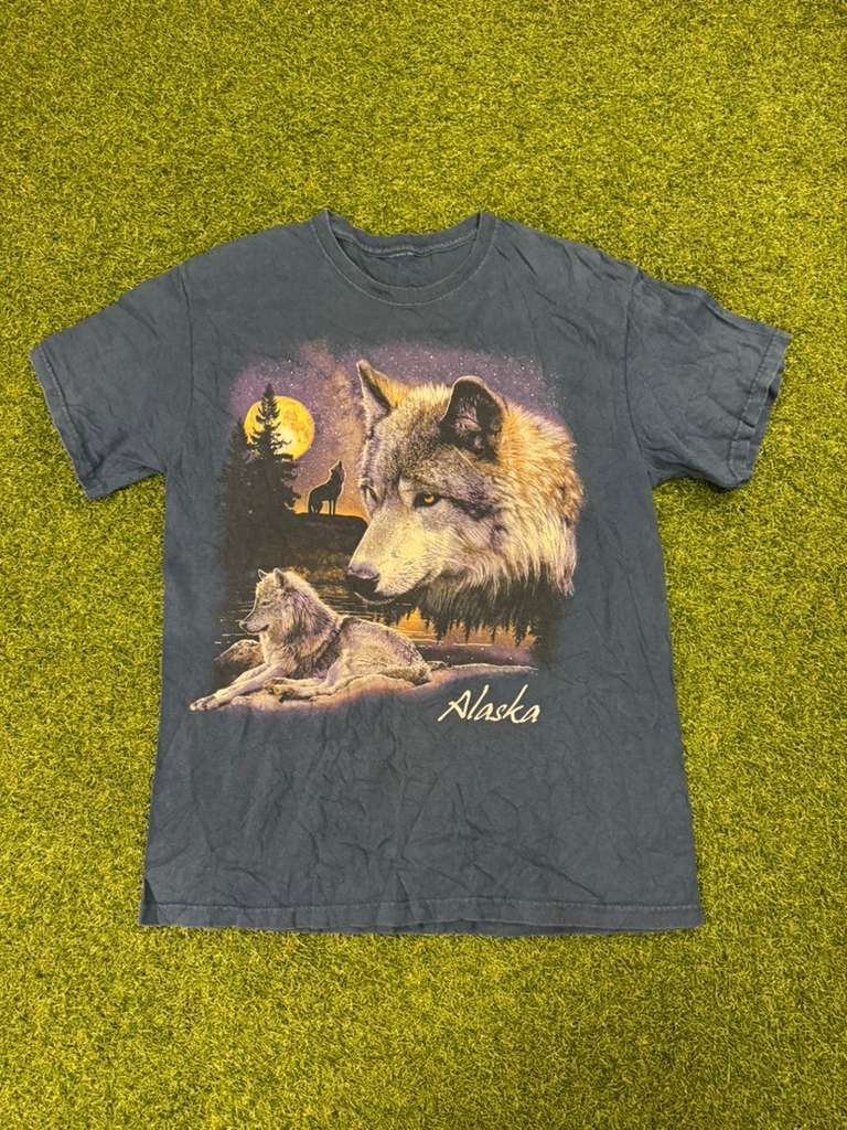 Alaska Wolf Head Pack Howl Moon Forest T Shirt Mens Small Blue Cotton Graphic