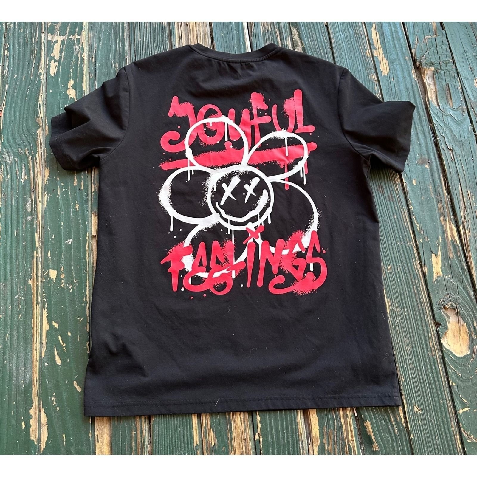 Mens Black Graphic T Shirt Flower Smiley Face “Joyful Famings” Tee