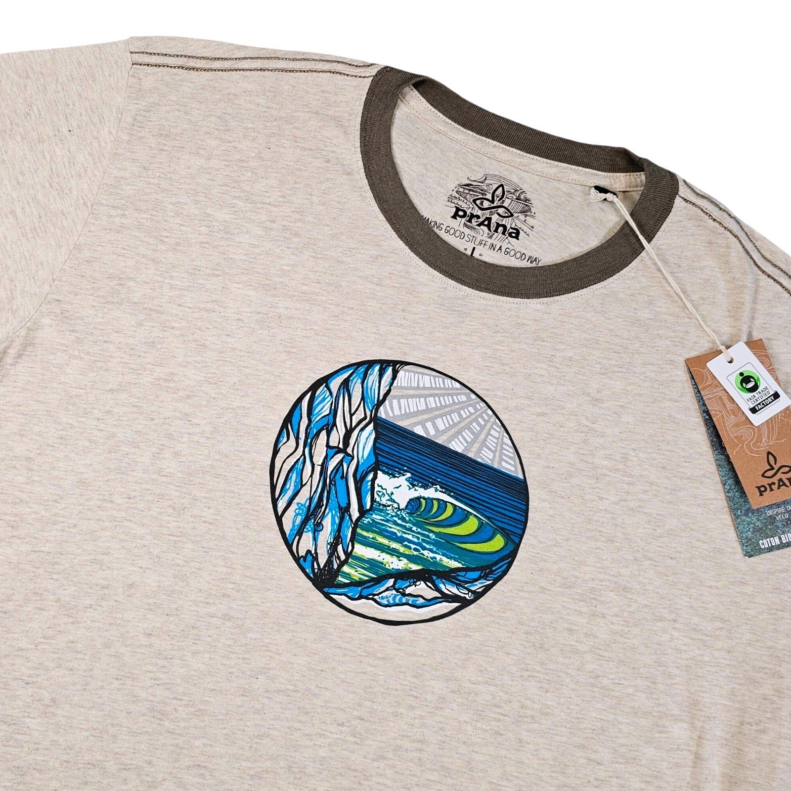 prAna Swell Graphic T‑Shirt Men's Large Stone Organic Cotton Wave M1SWEL116 NWT gallery