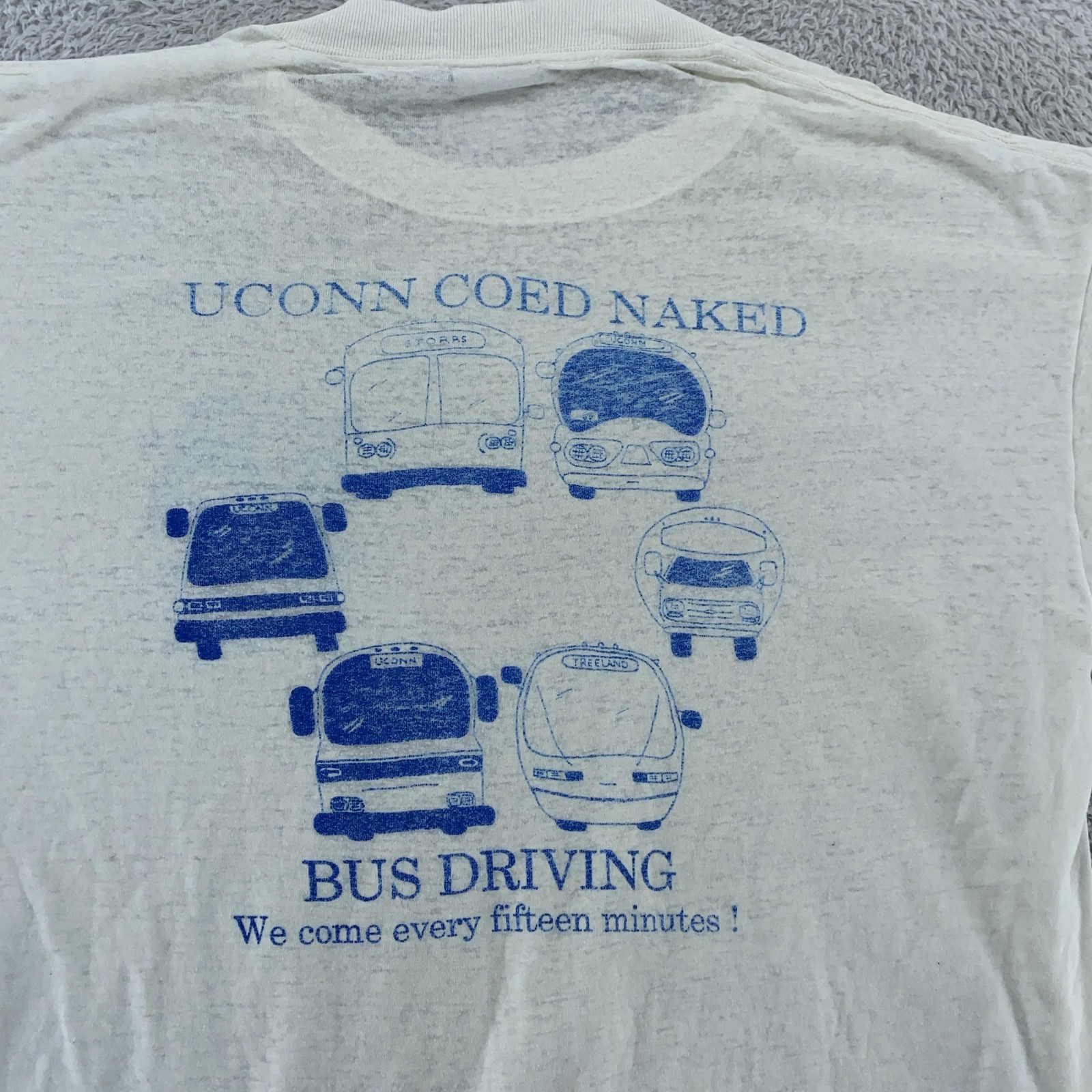SHEER Distressed Vtg UConn Coed Naked Bus Driving Shirt L Sex Joke Huskies 90s