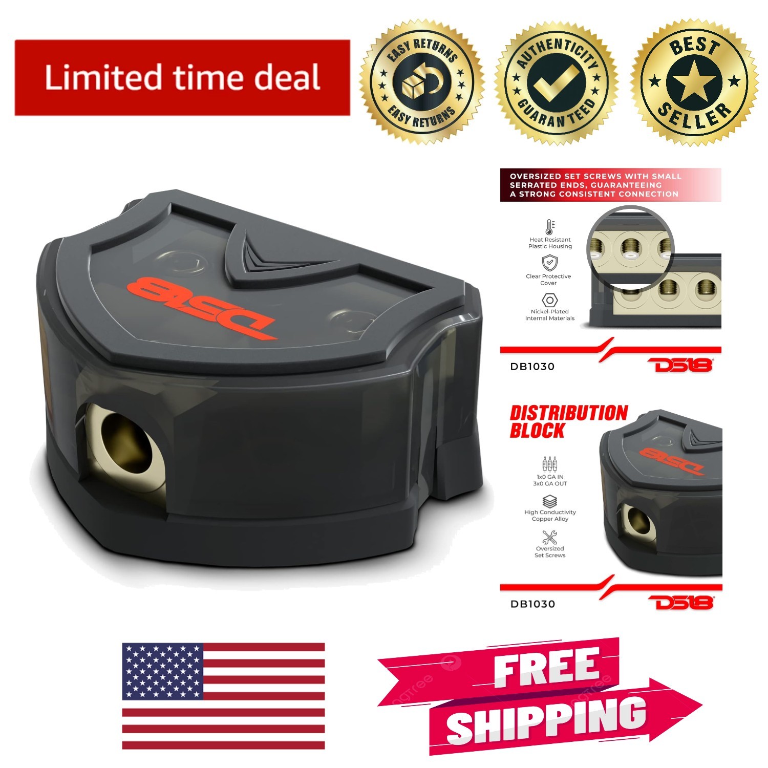 High-Strength 1x0GA in / 3x0GA out Audio Ground Block with Oversized Screws