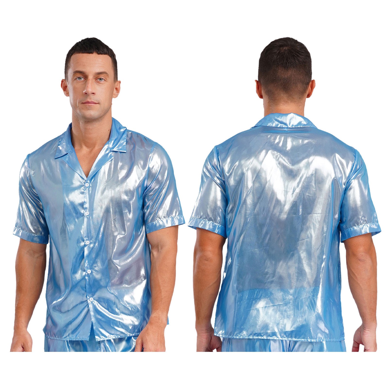 US Men's Shiny Metallic Short Sleeve Button Up Collared Shirt for Party Clubbing gallery