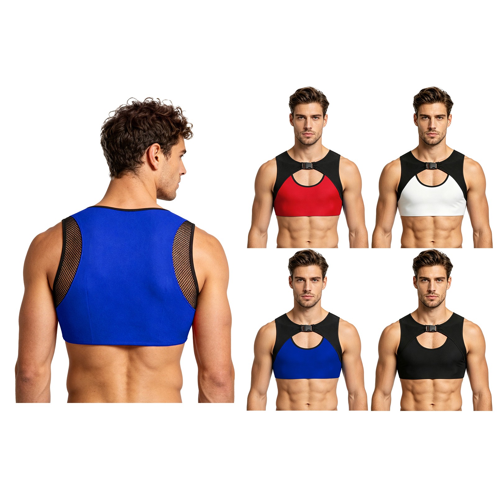 Men Crop Top Contrast Trim Shirt Wrestling Vest Hollow Out Sleeveless Slim Fit gallery