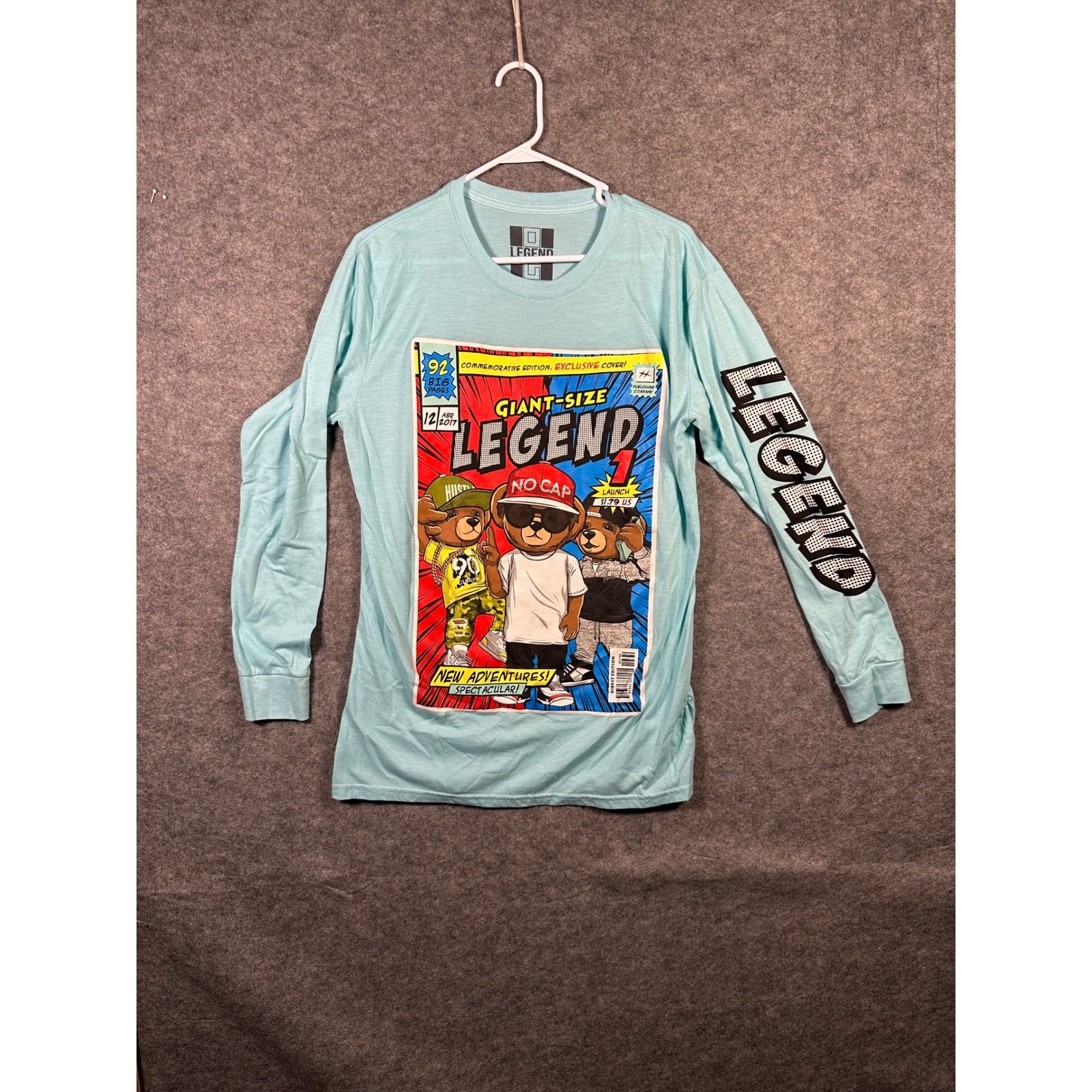 Legend Comic Bear Graphic Long Sleeve T Shirt Mens Size L, Blue Novelty