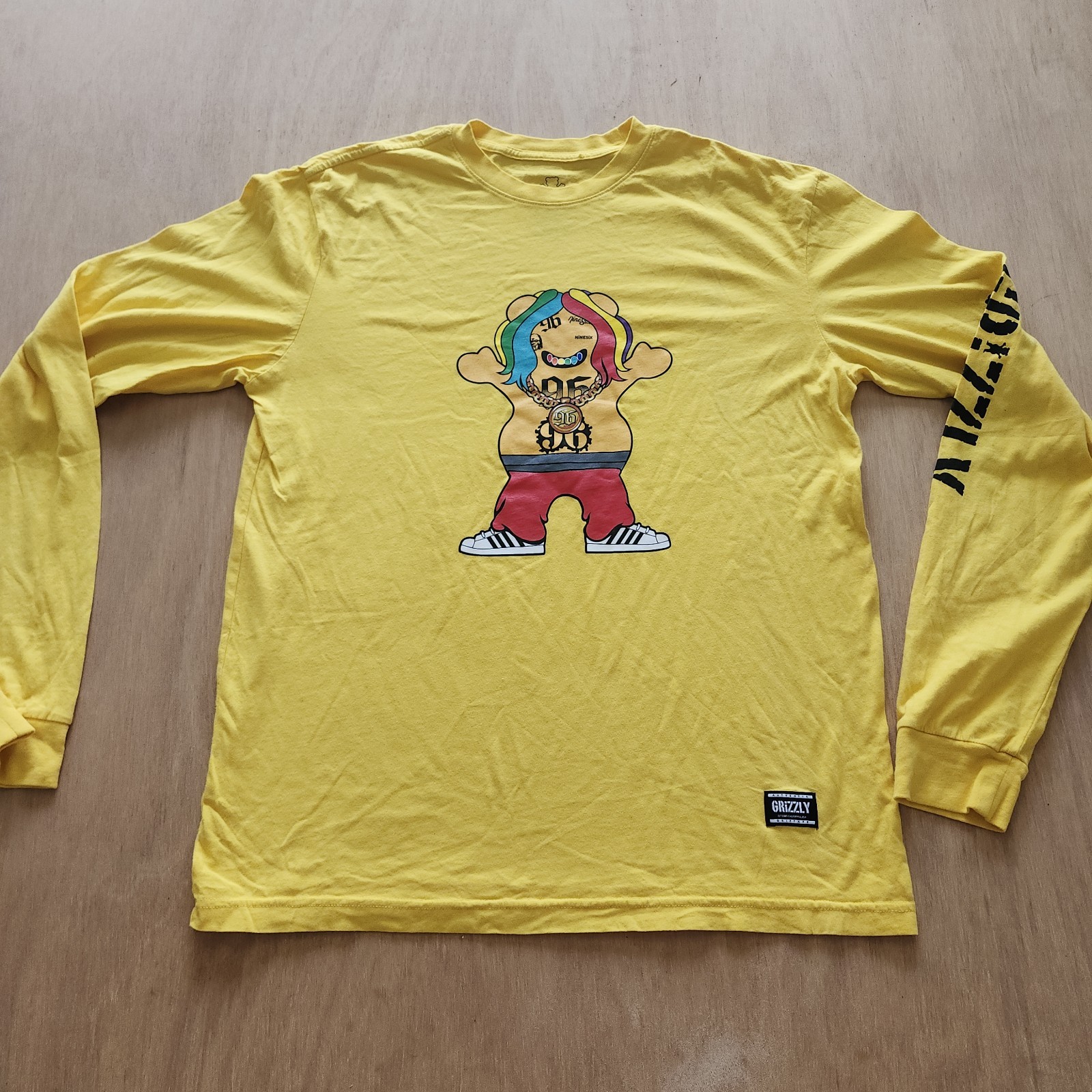 Grizzly Griptape x 9inesix Long Sleeve T Shirt Men’s Medium Yellow Graphic Skate