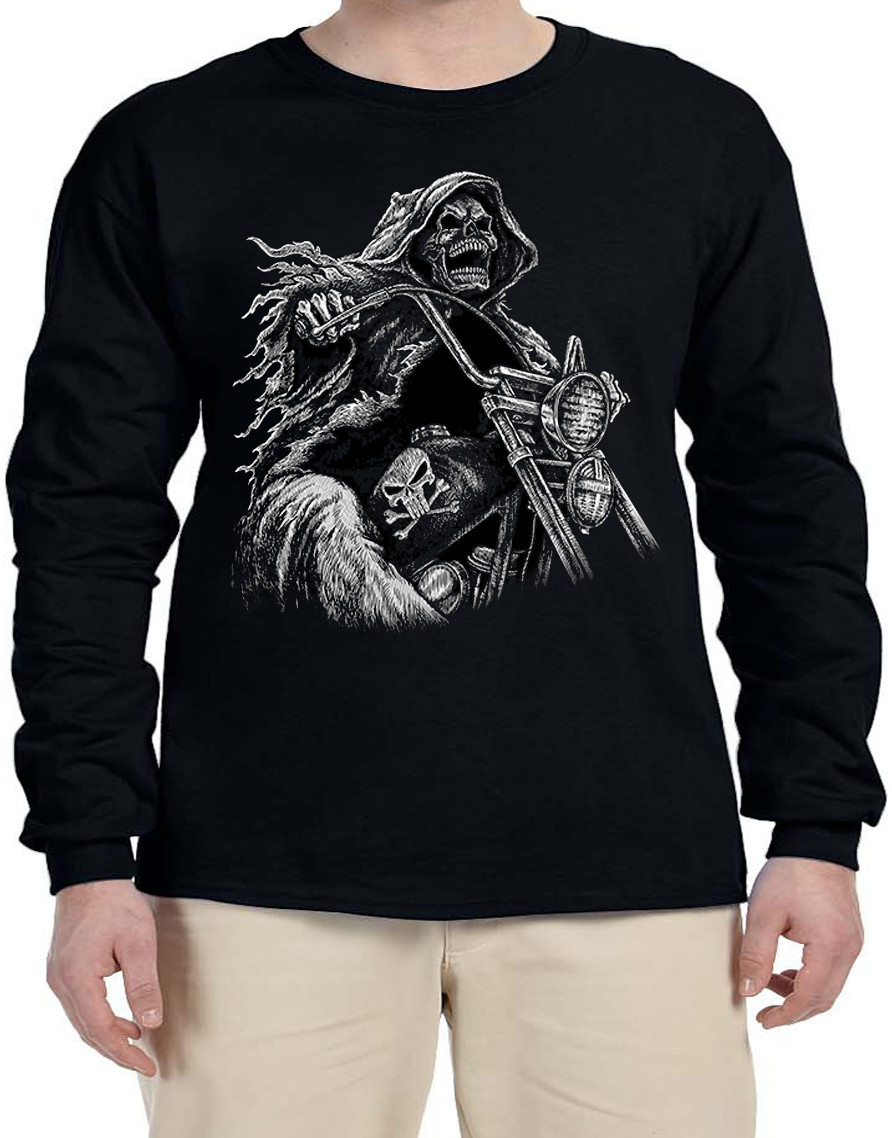 Grim Reaper on Bike Halloween Graphic Design Long arm Shirts Men’s Long Sleeve
