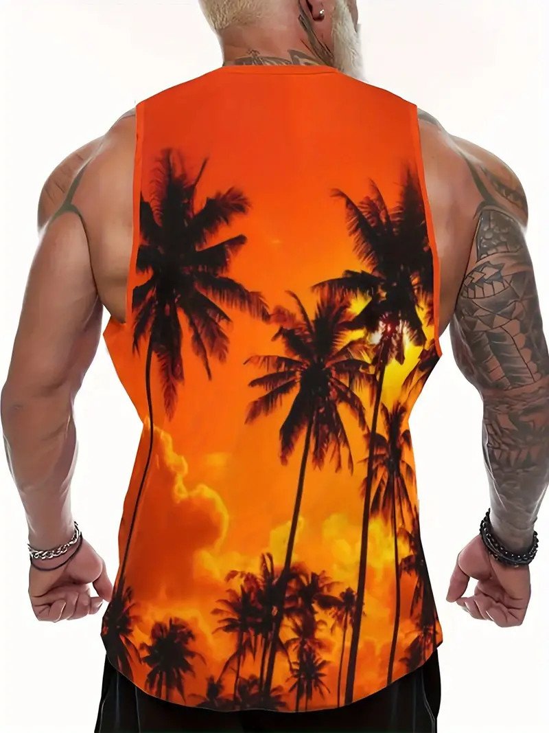 Men Fashion Sunset Coconut Tree Tank Top Comfort Fit Slight Stretch Summer Gym gallery
