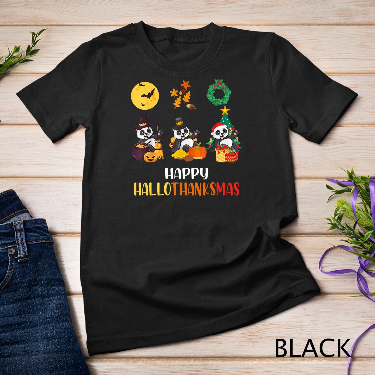 Panda Halloween And Merry Christmas Happy Hallothanksmas T-Shirt Unisex T-shirt gallery
