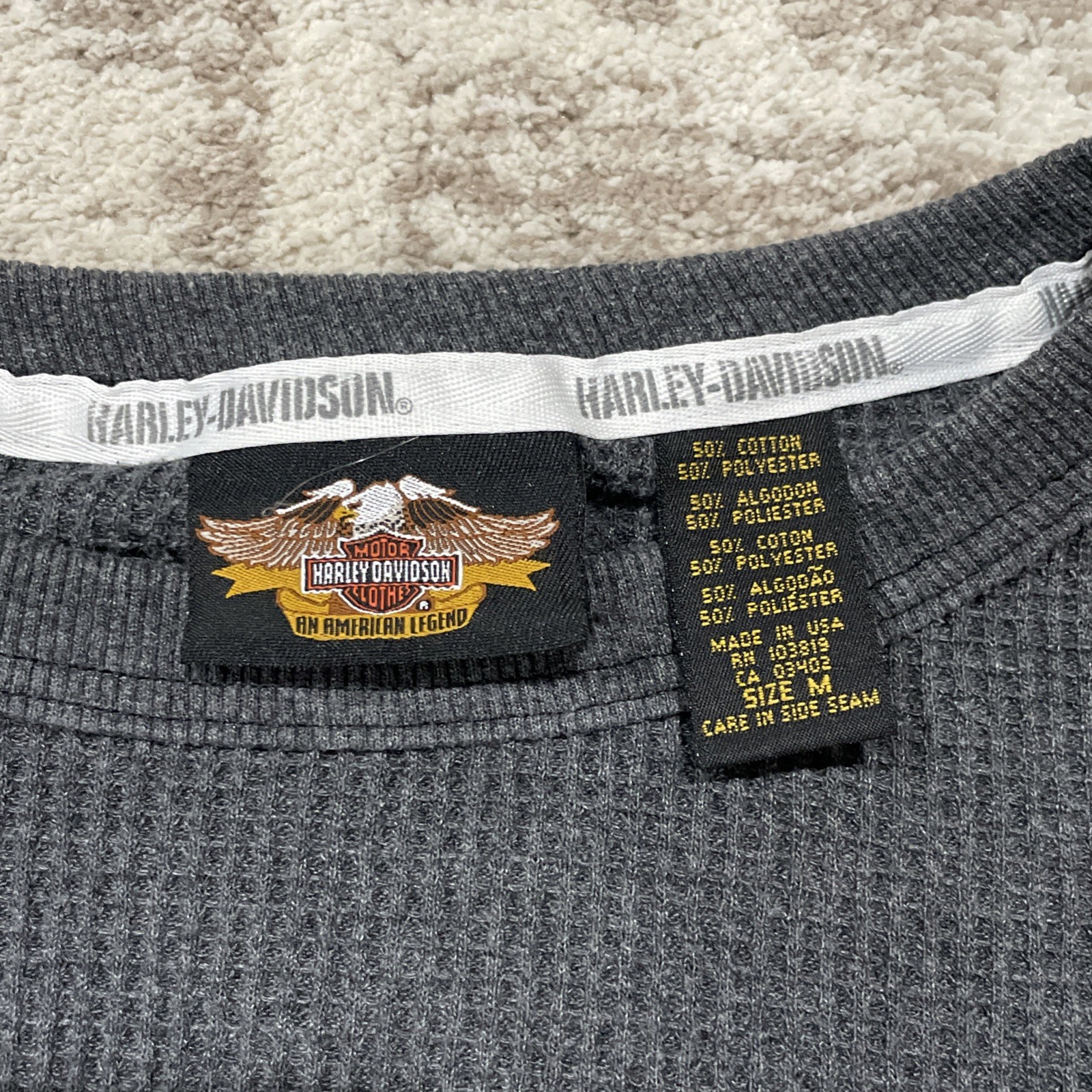 Harley-Davidson Shirt Mens Medium Gray Thermal Waffle Long Sleeve Made USA Vtg gallery