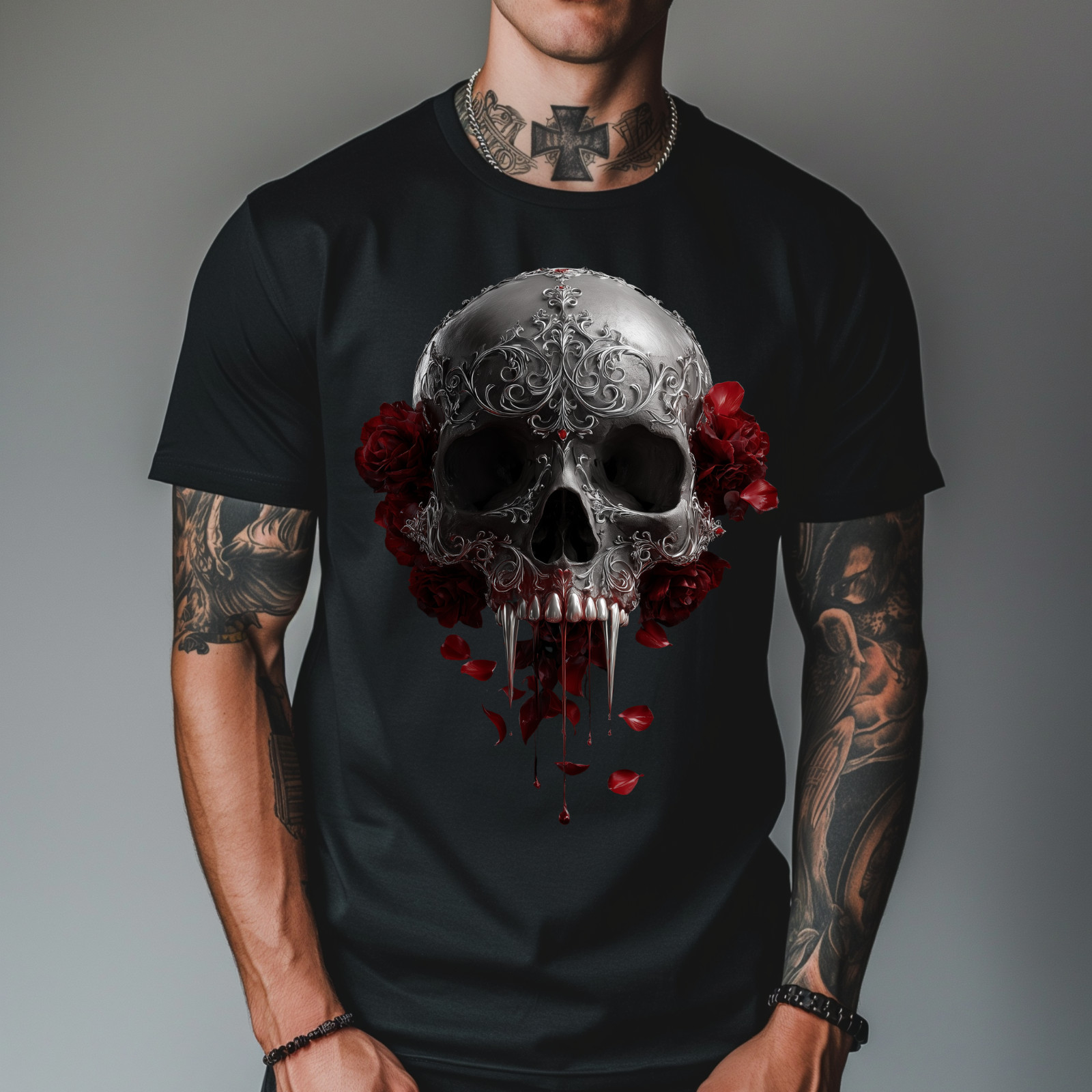 Vampire Skull T-Shirt – Blood Dripping Fangs, Gothic Filigree, Dark Rose Art gallery