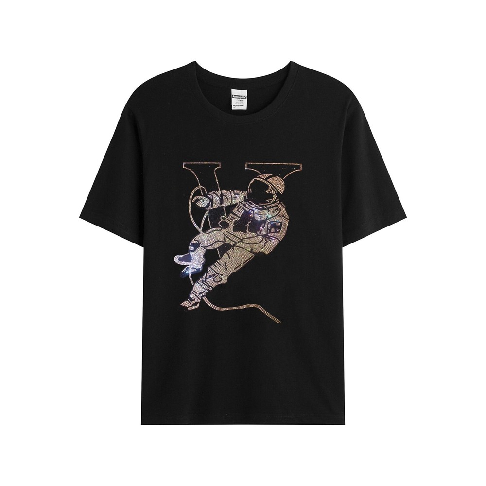 Fashion Astronaut Rhinestones Summer Short Sleeve Luxury Men Trend Black T-Shirt