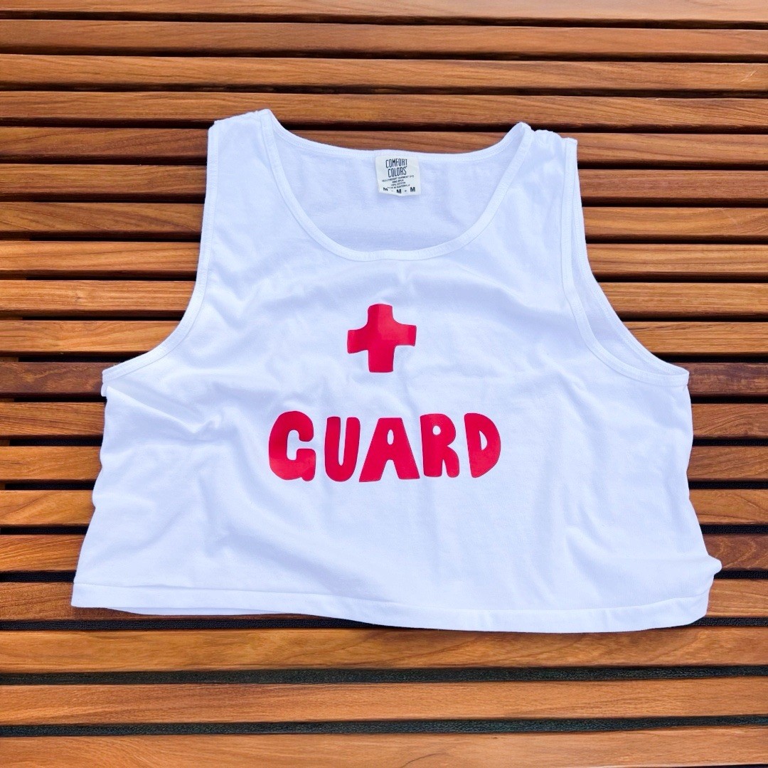 Lifeguard custom printed Mens White 100% cotton super short crop tank top gallery