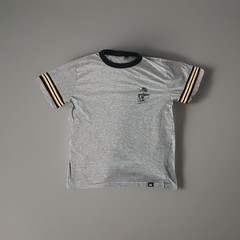 Men’s Large Grey T-Shirt, Striped Sleeves, Black Collar
