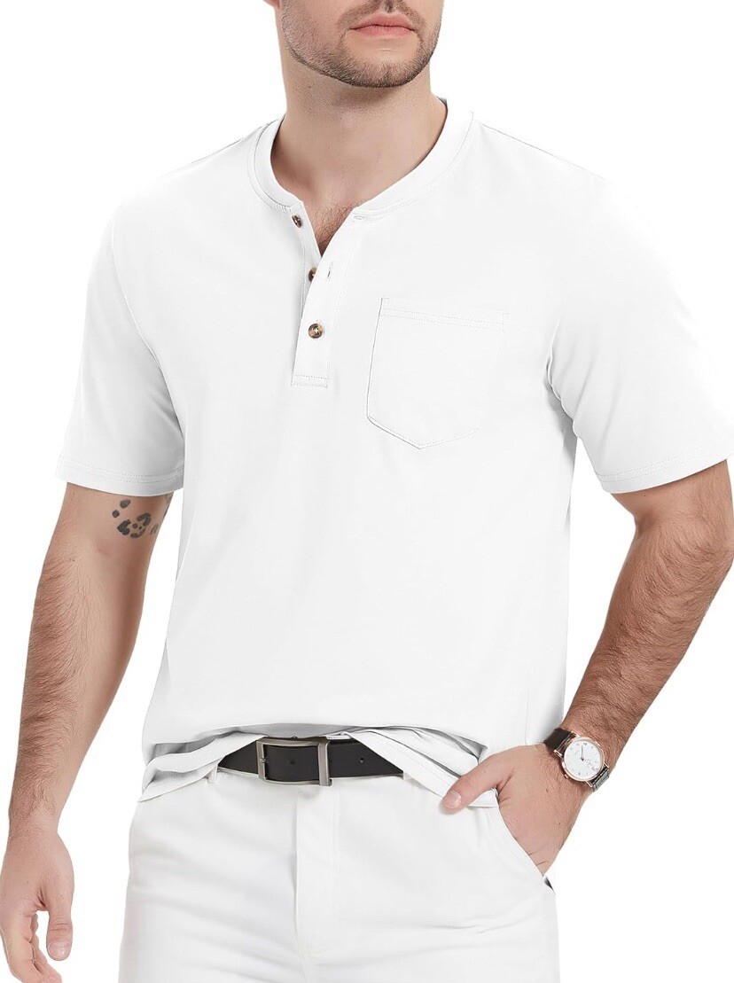 MAGCOMSEN Men's Henley Shirts Short Sleeve Pocket Tee Shirts White Size M gallery