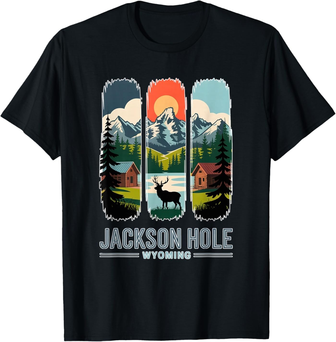 Jackson Hole Wyoming Elk Mountain Cabin Retro Travel Art T-Shirt gallery