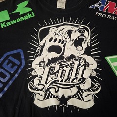 Y2K Motorcycle Racing Tshirt All Over Sponser Graphics Kawasaki Shoei Skully 2XL