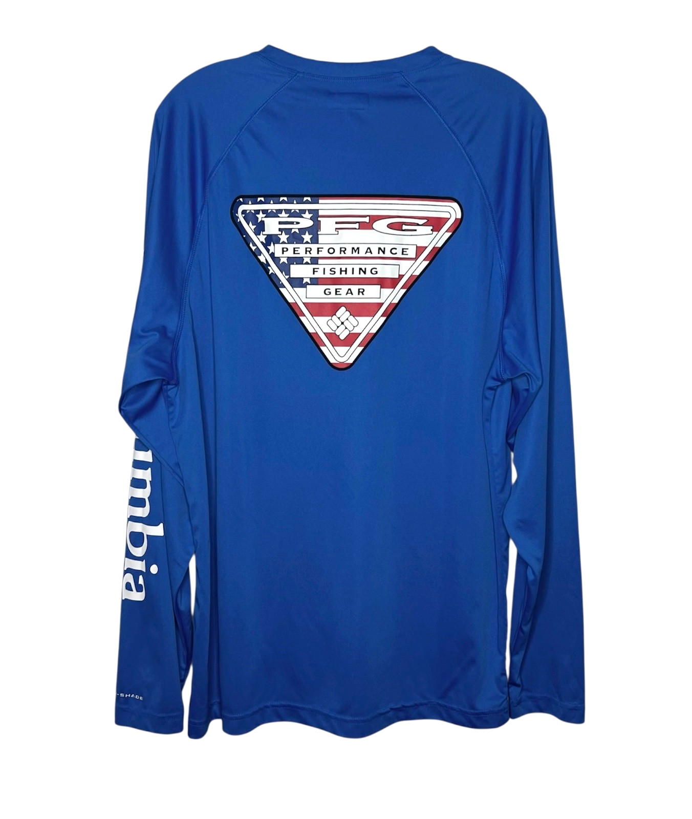 Columbia PFG Terminal Tackle Long Sleeve Shirt Mens M Blue USA Flag Triangle gallery