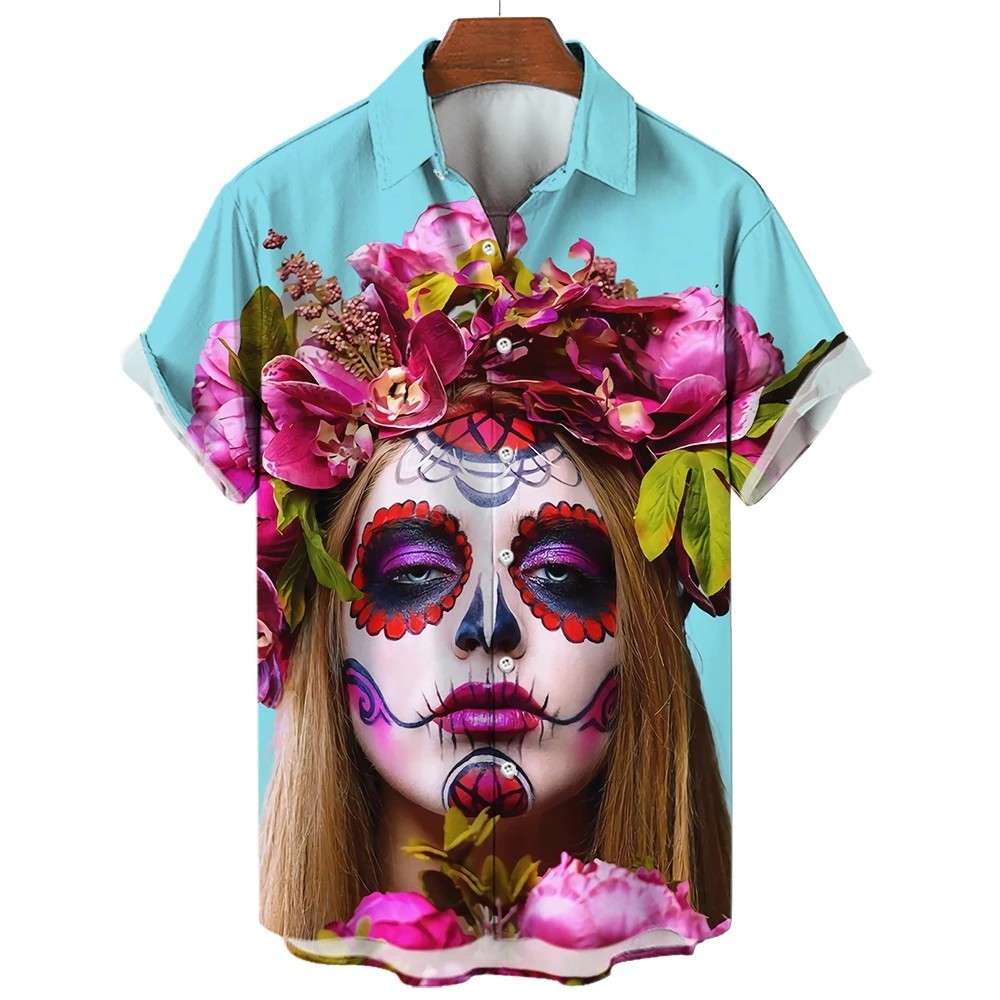 Mens Button Down Shirts Horror Pattern Printed Hawaiian Tops Novelty Ugly Gift